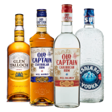 Old Captain Caribbean rum wit of bruin
fles à 700 ml of Glen Talloch Schotse whisky
of Esbjaerg vodka fles à 1000 ml